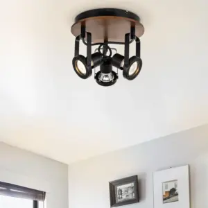 COSYLYTE Riverton 3 Light Matt Black Spotlight with Walnut Wooden Backplate